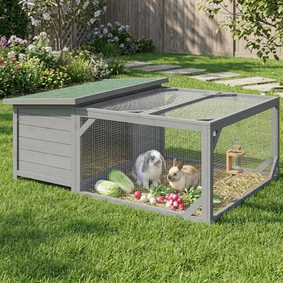Image de Clapier avec enclos extérieur en bois de sapin, toit en bitume rabattable, cage spacieuse, gris | 125,5 x 100 x 49 cm | 13,5 kg