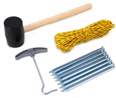 Produktbild von Camping-Set 9-Teile Zeltheringe + Seil + Gummihammer + Heringszieher