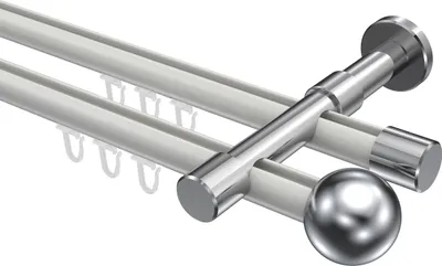 Produktbild von Interdeco Innenlaufstange / Gardinenstange mit Innenlauf Weiß / Chrom, Typ Prestige Luino (Kugel), 20 mm Ø 2-läufig, 220 cm