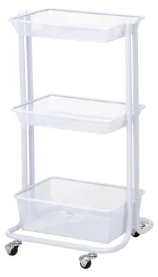 Zdjęcie produktu dla Wózek kuchenny VALIENTE, wózek do serwowania, wózek na kółkach, wózek kuchenny, z 3 metalowymi koszami siatkowymi, metalowa rama w kolorze białym