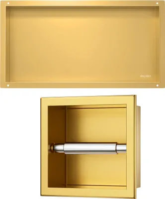 Image de Balneo | Set d'étagères pour niches - 60×30×10 Cm - Acier inoxydable Aisi 304 - Or - Porte-papier 17,3×17,3×8,6 Cm