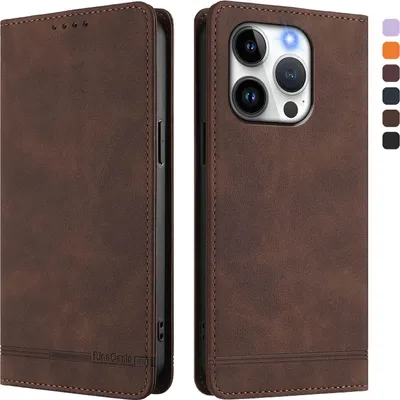 Image de Etui pour iPhone 14 Pro, étui rétro en cuirPolyuréthaneavec support et fentes pour cartes de crédit Marron