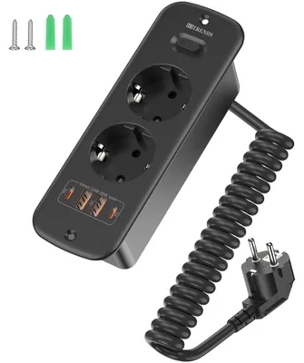 Obrázok produktu pre Zásuvka s USB C - Sklopná - Predlžovací kábel 2m - 6 v 1 dizajn - Čierna - Vhodná do kancelárie a domácnosti - Predlžovací kábel