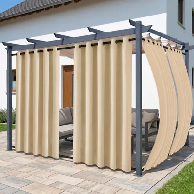 Produktbild von Outdoor Vorhang Extra Breit Blickdicht Wetterfest mit Ösen und Schlaufen Wasserdicht Gardine für Terrasse Pavillon Balkon, Beige, B180xH274cm