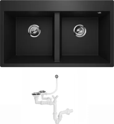 Produktbild von Granitový drez Dvojitá misa kuchynského drezu Vstavaný drez Drez Elle 2.0 Black Siphon 10450