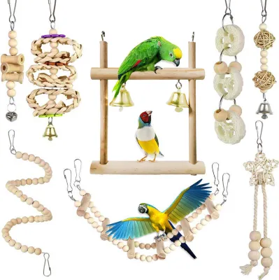 Image de 8 pièces Jouets à mâcher pour perroquets Jouets pour oiseaux Échelle en bois souple Échelle en bois perles escaliers rotatifs pour Cockatiel, Conure, Mynah, Macow et autres petits oiseaux