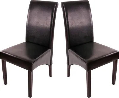 Two black leather dining chairs with dark wooden legs are shown against a white background.