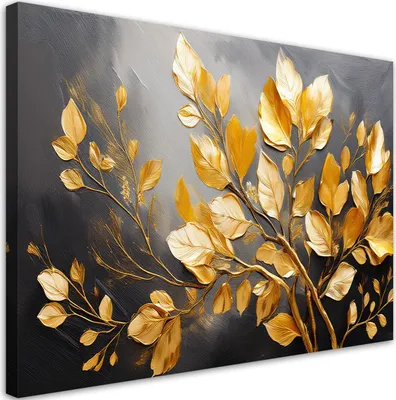 Produktbild von Leinwandbild Goldene Blätter auf grauem Hintergrund 90x60 Feeby Gold bild für die wand bereit zum aufhängen
