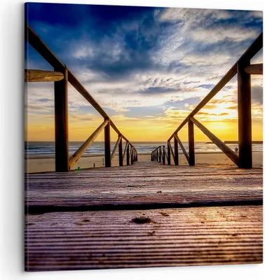 Produktbild von Bild auf Leinwand - Leinwandbild - Strand Ozean Sand Holzbrücke Sonnenuntergang - 50x50cm - Wand Bild - Wanddeko - Leinwanddruck - Bilder - Kunstdruck - Leinwand bilder - Wandkunst - AC50x50-0430