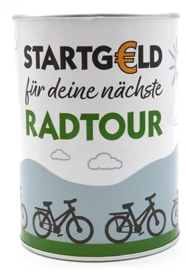 Produktbild von Metall-Spardose "Startgeld Radtour" bunt ca. 8,5x8,5x12 cm (T/B/H)