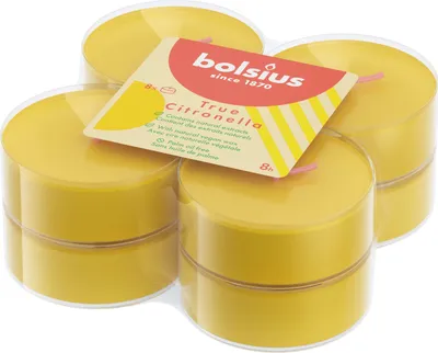 Produktbild von bolsius True Citronella Outdoorkerzen Maxi Teelichter, 8 Stück, 8 Stunden Brenndauer, aus natürlichem Pflanzenwachs, palmölfrei, transparent/gelb