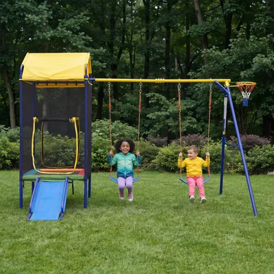 Produktbild von Flieks 4-in-1-Schaukelgestell, Spielturm mit Rutsche, Trampolin, Schaukel und Basketballkorb, Doppelschaukel Outdoor-Schaukel-Set, 336x217x238cm, Blau