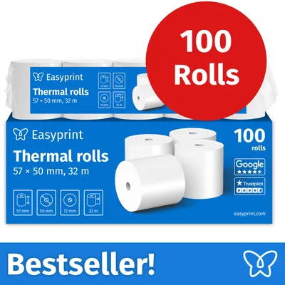 Image de NOUVEAU : Rouleaux thermiques/rouleaux de caisse Easyprint, 100 rouleaux, 57 mm x 50 mm x 12 mm, 32 m, s PEFC, compatibles avec EPSON, IBM, etc.