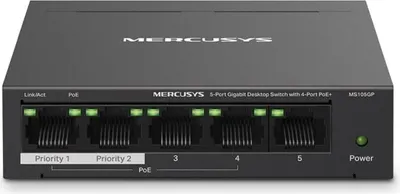 Zdjęcie produktu dla Mercusys MS105GP, Gigabit Ethernet (10/100/1000), Pełny dupleks, Obsługa PoE, Montaż naścienny / rzutowanie na sufit