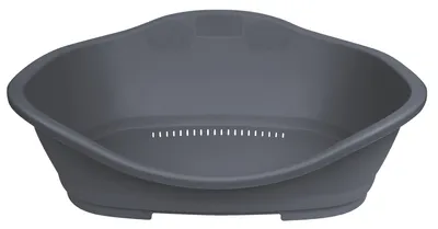 A dark gray plastic pet bed with a raised rim and ventilation holes in the base.