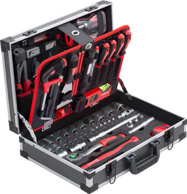An open tool case filled with various tools, neatly organized.