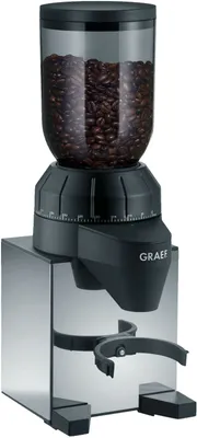 A coffee grinder with coffee beans in the hopper, against a white background.