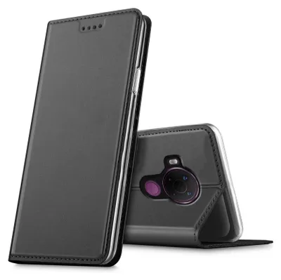 A black flip case for a smartphone is shown from two angles against a white background.