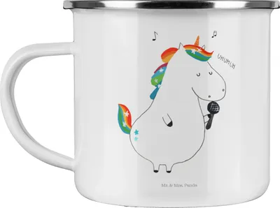 Produktbild von Mr. & Mrs. Panda Emaille Tasse Einhorn Sänger - Weiß - Geschenk, Fest, Pott, Freundin, Unicorn, Becher, Teetasse, Geburtstag, wandertasse, Glitzer, Emailletasse