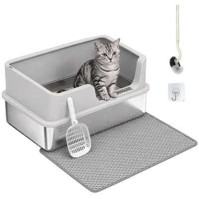 Produktbild von Katzentoilette XL Edelstahl mit Deckel, hohe Seitenwände Hellgrau