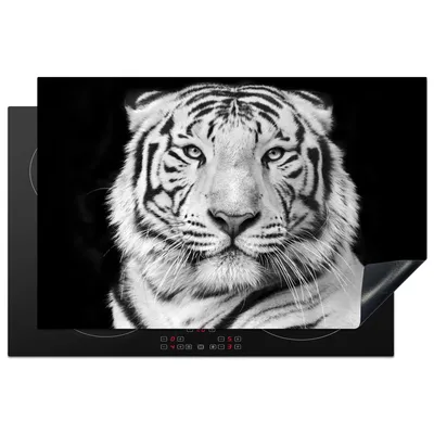 Produktbild von KitchenYeah© Herdabdeckplatte Tiger - Schwarz - Weiß - Porträt - Tiere , 81x52cm, Küche Deko, Glaskeramikkochfeld Herdabdeckung, Abdeckplatte fùr Kochfeld