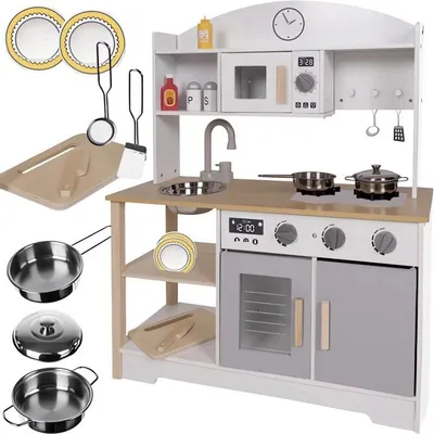 Produktbild von Holzküche Kinderküche Spielzeugküche mit Zubehör Soundeffekten und Töpfen 85 x 68 x 25 cm