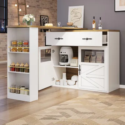 Image de MODFU Îlot De Cuisine Extensible avec Fonction Pivotante et Étagères Latérales, MDF, 138-204x39x104 cm - Blanc