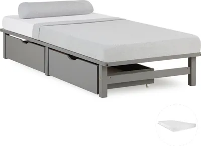 Produktbild von Homestyle4u Holzbett Jugendbett Palettenbett 90x200 mit Matratze 2 Bettkästen Grau
