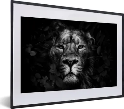 Produktbild von MuchoWow® Gerahmtes Poster Löwe zwischen den Blättern im Dschungel - schwarz und weiß 40x30 cm - Poster mit Schwarzem Bilderrahmen Wandposter Rahmen Foto Bilder - Bilderrahmen - Poster im Rahmen