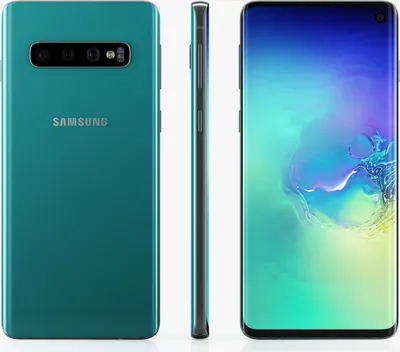 Three views of a green Samsung Galaxy S10 smartphone: back, side, and front.