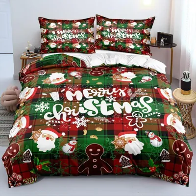 Produktbild von Weihnachts-Bettwäsche-Set 135x200 cm Grün Rot 2-teilig Mikrofaser mit Reißverschluss und 80x80 cm Kissenbezug