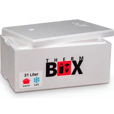 Produktbild von THERM BOX 31M Styroporbox 31 Liter Innen 49,8x30x20,8cm Thermobox Kühlbox 4 cm Wandstärke Warmhaltebox wiederverwendbar Isolierbox mit Deckel - durch separat erhältliche Ringe erweiterbar