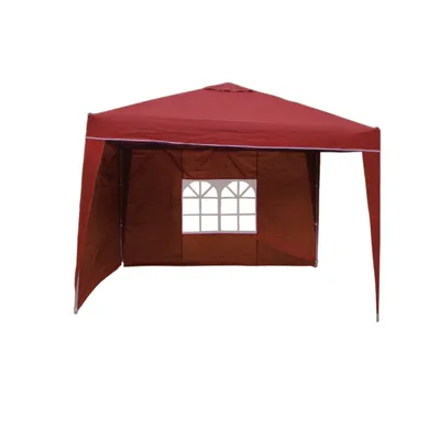 A burgundy and brown gazebo with windows, shown from the front.