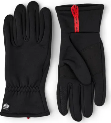 Schwarze Fleece-Handschuhe mit fünf Fingern von Hestra; Modell "Touch Point Fleece Liner Sr."; mit rotem Zugband.