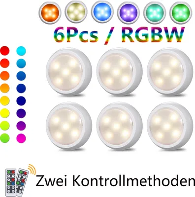 Produktbild von 6 Stk. LED Schrankleuchten mit Fernbedienung RGB Beleuchtung, Tomshine Unterbauleuchte Nachtlicht Dimmbar 16 Farben 3 Lichtmodi Timer Batteriebetrieben für Kabinett Kleiderschrank Treppen  [Energieklasse A++]