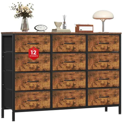 Imagen del producto de Cómoda Zimilo con 12 cajones de tela, cómoda vintage de color marrón, aparador con tablero de MDF, mueble multiusos para dormitorio y pasillo, 120x30x84 cm
