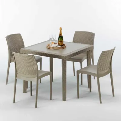 Produktbild von Polyrattan Tisch Quadratisch mit 4 Bunten Stühlen 90x90 Beige Elegance