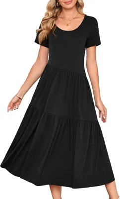 Produktbild von Maxikleid Damen Lang Schwarz Kurzarm Sommerkleid mit Taschen Gr. S Elegant
