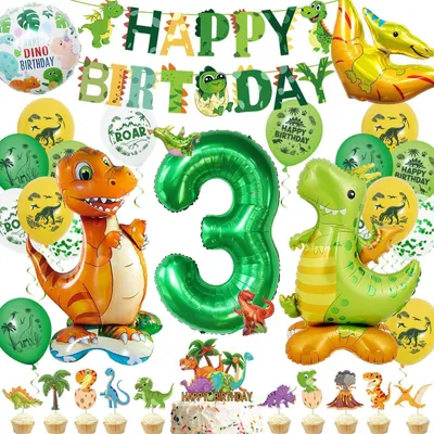 Produktbild von Dino Geburtstag Deko Set 3 Jahre Junge, Happy Birthday Banner Girlande Grün, 32 Zoll Zahlenballon, Folienballons, Latexballons, Kuchendeko