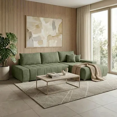 Produktbild von Beautysofa DRACO L Ecksofa mit Schlaffunktion & Bettkasten 267 cm - Schlafsofa, Bettsofa, Couch L-Form, Seitenausführung Rechts – Grün Velo 629