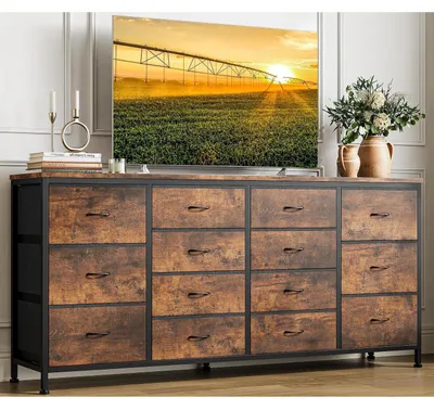 Image de Commode avec 14 tiroirs en tissu, adaptée aux téléviseurs jusqu'à 190 cm, en acier et en tissu non tissé, de couleur noire