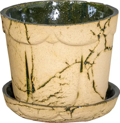 Produktbild von PLATINUX Steingut Blumentopf mit Untersetzer & Abflussloch 14,6x12,3cm Blumenkübel Steinoptik Grün Groß Handmade