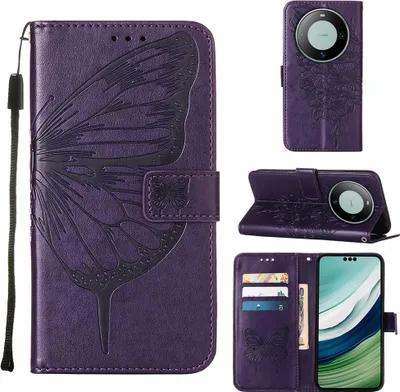 Obrázek produktu pro Pouzdro pro Huawei Mate 60 Pro Motýlí Reliéf Flip Kožené Pouzdro s Kapsami na Karty a Stojánkem Fialová