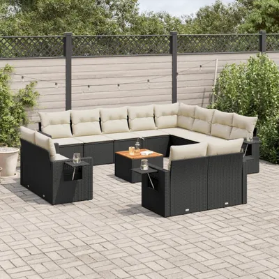 Produktbild von Design 13-tlg. Garten-Sofagarnitur mit Kissen Schwarz Poly Rattan, Gartenmöbel-Sets 2024 Neu