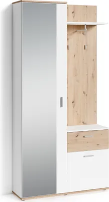 Produktbild von byLIVING Garderobenschrank Jakob, 97x195x30 cm, Melamin weiß mit Artisan Eiche, Spiegel, mit Haken und Ablagefläche