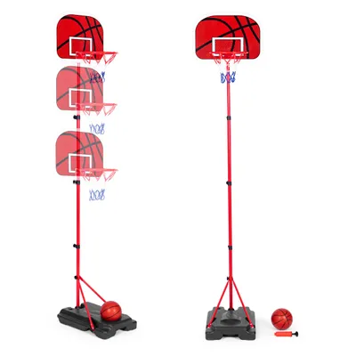 A split image showing two adjustable basketball hoops for children, one with a ball and pump, and the other showing multiple height adjustments.
