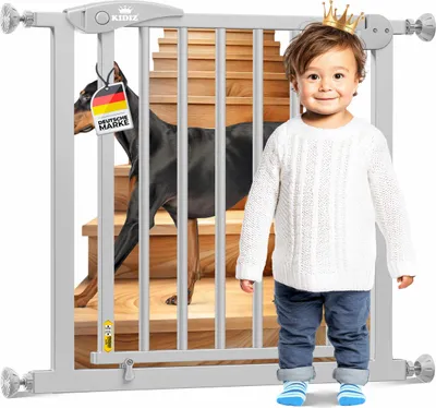 Produktbild von KIDIZ® Schutzgitter für Treppen | Tür, Auto Close Kindertreppengitter ohne Bohren | 90° Stop, Absperr Türschutzgitter, schwenkbare Trennwand, Treppenschutzgitter, Klemmen