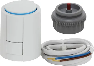 A white thermostatic radiator valve actuator, a gray adapter, and a white cable with three wires are displayed against a white background.