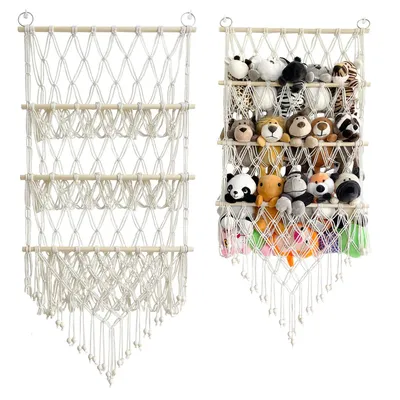 Produktbild von Hängeregal 3 Etagen Kuscheltier Aufbewahrungsnetz Hängeaufbewahrung Handgewebtes Baumwollseil Boho-Makramee Hängeorganizer Wand-Organizer Hängende