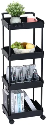 Produktbild von Rollwagen Küchenwagen - Nischenregal mit Rollen - 4 Ebenen - Schmaler Aufbewahrungswagen - Bis 60 kg Tragkraft - 37 x 35,5 x 106,5 cm - Schwarz